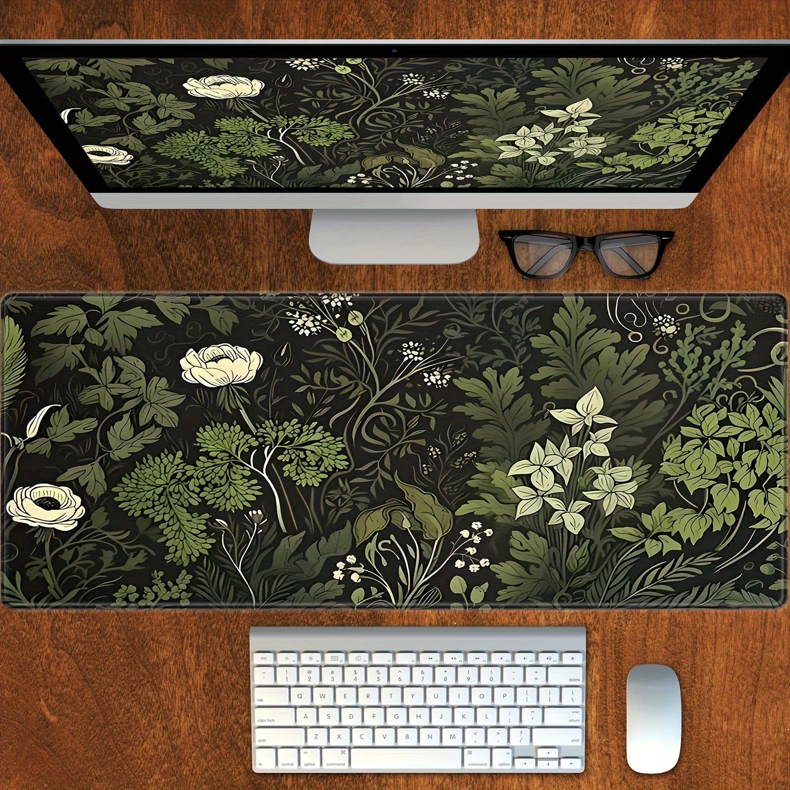 Tapete de mouse com planta floral verde botânica, tapete de mesa grande, acessórios de jogos antiderrapantes, bordas costuradas para escritório e casa