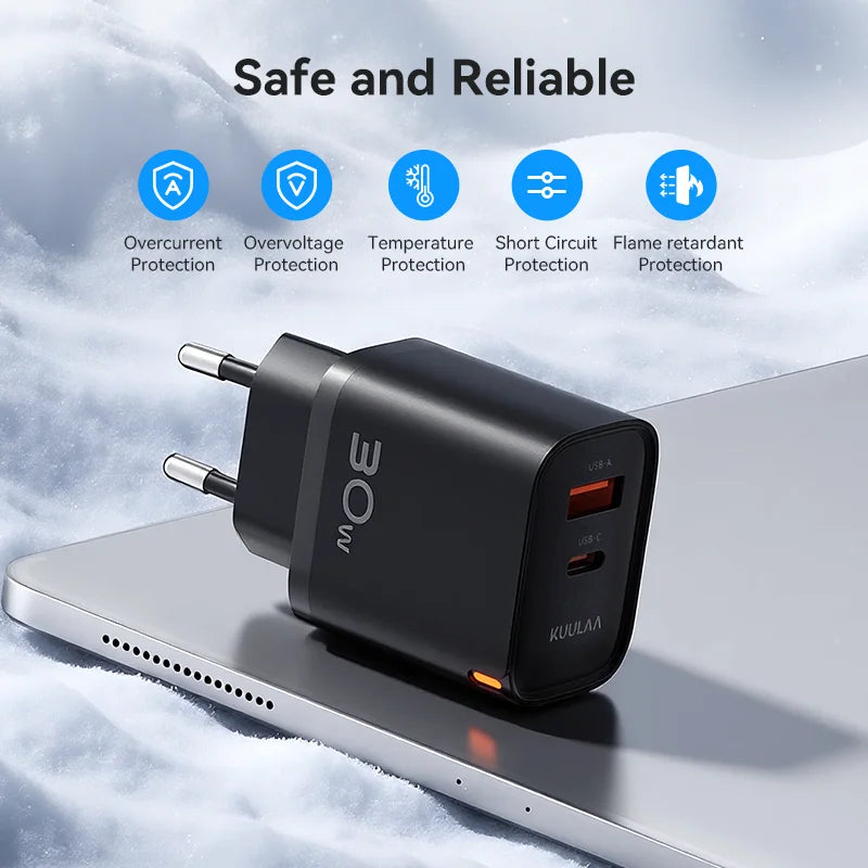 KUULAA 30W GaN Carregador PD 3.0 QC4.0 USB C Carregador Para iPhone 17 16 15 Pro Samsung S25 Xiaomi Tablet iPad Air Pro Carregador de telefone
