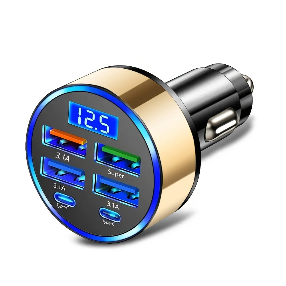 Adaptador de carro de carregamento rápido 6 em 1, 3.1A, display digital duplo tipo C, smartphones, tablets, bancos de energia, carregador portátil preto