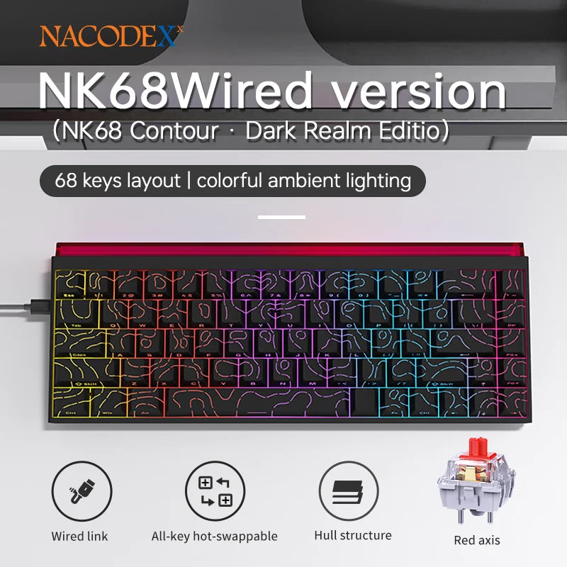 Novo ajazz nacodex nk68 teclado mecânico terreno keycap rgb barra de luz 68 teclas com fio jogos escritório com fio conectar teclado