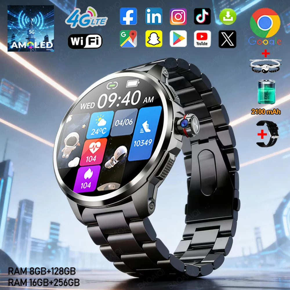 Smartwatch 4G com 16GB+256GB de RAM, tela AMOLED de 1,95 polegadas, bateria de 2100mAh, câmera de 900W, GPS, Wi-Fi, download de aplicativos Google, Android 9.0.
