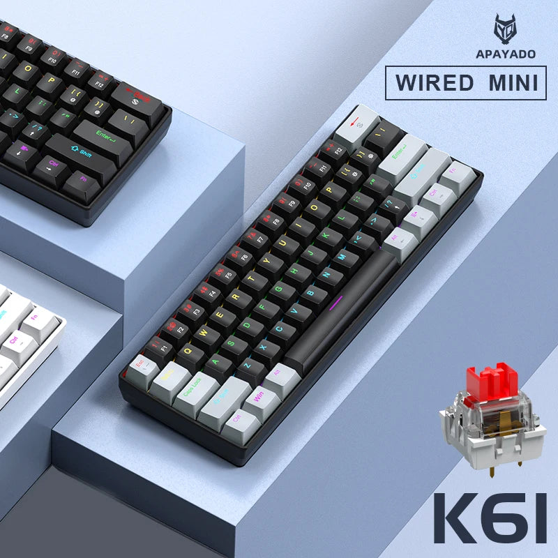 APAYADO K61 Mini teclado mecânico, com fio, 61 teclas, Phantom RGB, interruptor mecânico preto/branco vermelho/azul para jogos, 60% portátil
