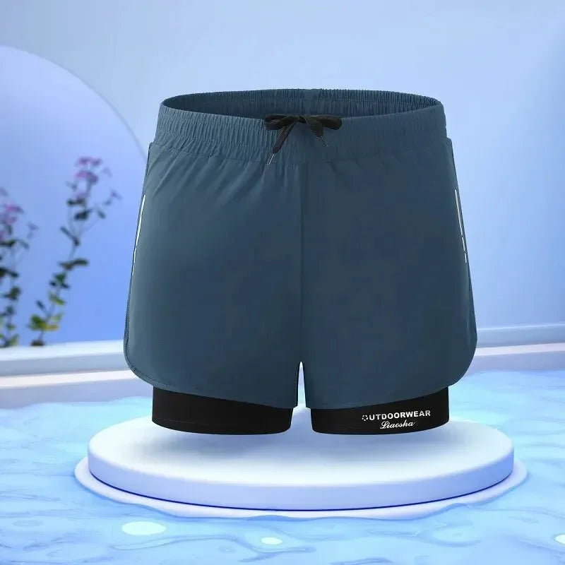 Calções de banho masculinos de secagem rápida com forro de compressão para praia, piscina, corrida e academia
