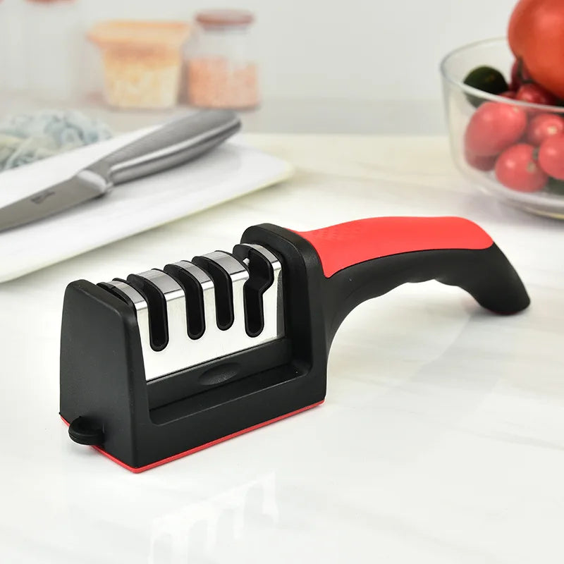Afiador de facas doméstico para cozinha, multifuncional, manual, 3 propósitos, pedra de afiação preta, 4 segmentos