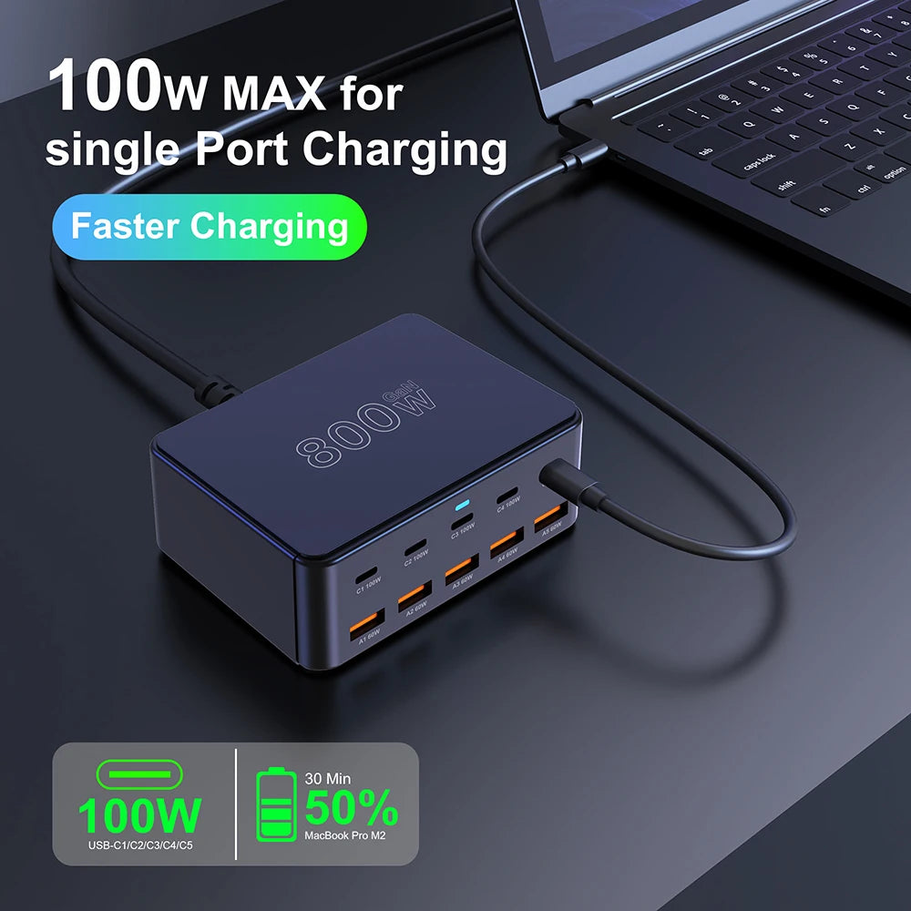 800W USB C GaN Carregador 100W PD3.0 PPS QC3.0 Estação de carregamento rápido multiporta para iPhone 15 16 Samsung Macbook Pro Laptops Tablets