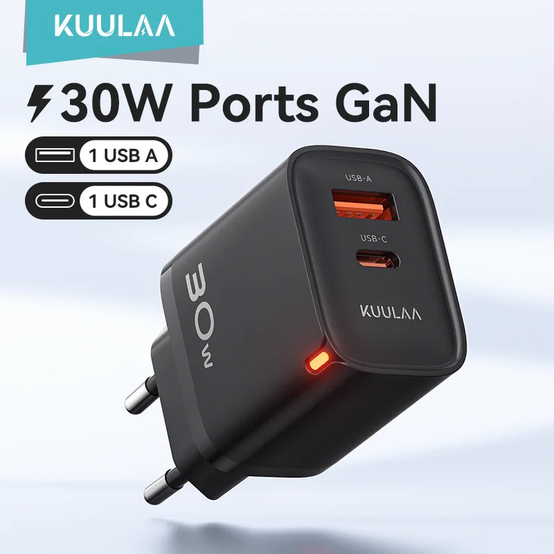 KUULAA 30W GaN Carregador PD 3.0 QC4.0 USB C Carregador Para iPhone 17 16 15 Pro Samsung S25 Xiaomi Tablet iPad Air Pro Carregador de telefone
