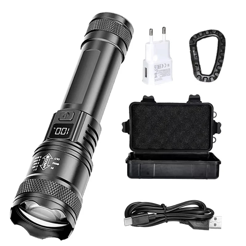 Lanternas LED de Alta Potência com Display, Tocha Tática, Luz de Display, Carregamento USB, Camping, Pesca, Defensa Zoom Lanterna, 300000LM