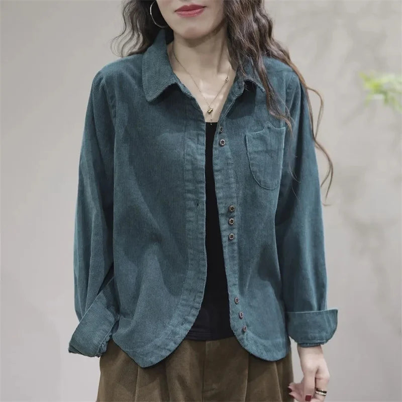 Camisa Feminina de Corduroy com Gola Lapela e Manga Longa, Estilo Cardigã Curto, Nova Coleção Primavera Outono 2026, Moda Artística e Casual