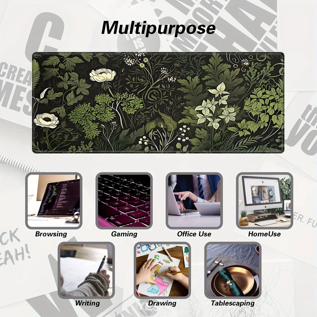 Tapete de mouse com planta floral verde botânica, tapete de mesa grande, acessórios de jogos antiderrapantes, bordas costuradas para escritório e casa