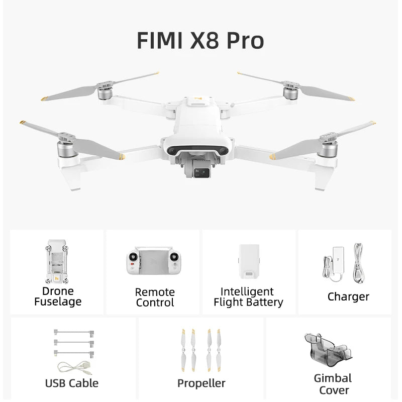 Drone FIMI X8 Pro com Sensor CMOS de 1/1.3", Câmera Profissional 4K com Gimbal de 3 Eixos, Detecção de Obstáculos, Alcance de Transmissão de 15KM, GPS