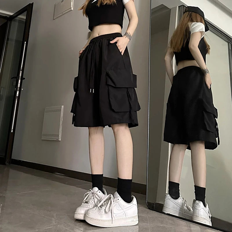 Zoki mulheres cintura alta carga shorts estilo americano streetwear verão calças de perna larga moda feminina grande bolso solto shorts novo