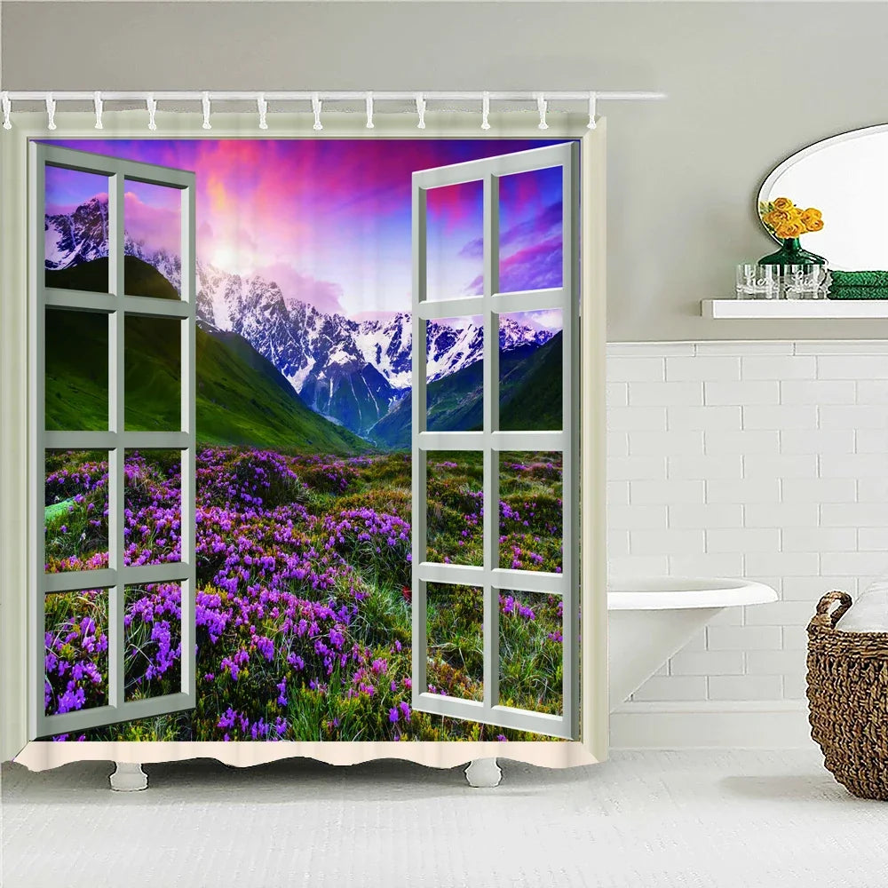 Cortina de banho 3d impressão janela cenário floresta cortinas de chuveiro 180*200cm à prova dwaterproof água cortina do banheiro tecido lavável com ganchos