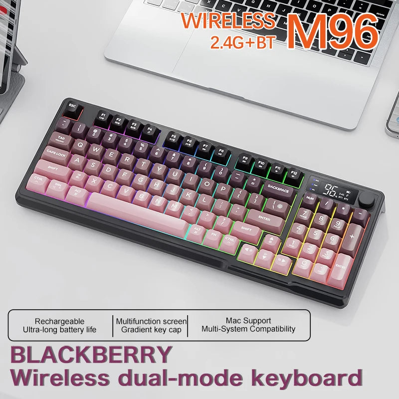 Teclado sem fio FreeWolf M96 com tela, teclado para jogos Bluetooth conexão de modo duplo, ligação multidispositivo, ergonômico