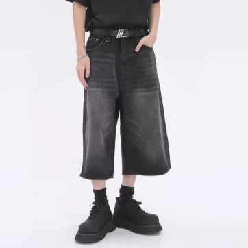 Shorts Jeans Baggy Vintage Y2K de Cintura Alta com Perna Larga para Mulheres e Homens - Moda Oversize na Altura do Joelho