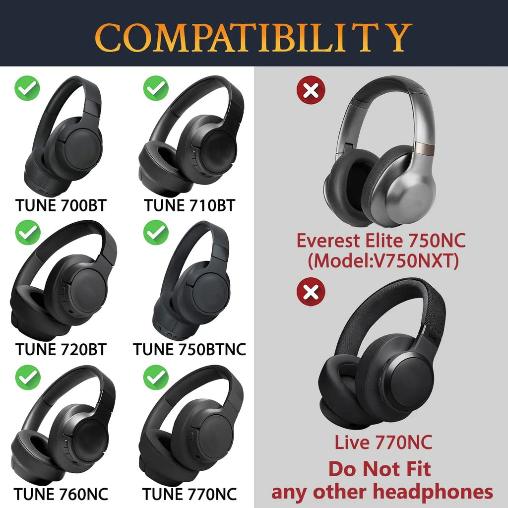 Almofadas e faixa de cabeça para fones de ouvido jbl tune 700bt, 710bt, 720bt, 750btnc, 760nc, 770nc, substituição de almofadas de ouvido