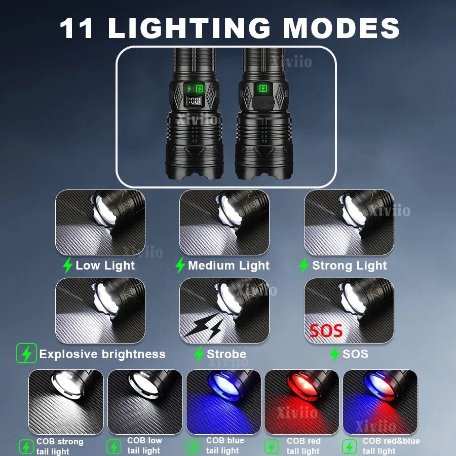 Lanterna Ultra Poderosa 99000000LM 10000W Recarregável LED Tática Super Brilhante para Aventura ao Ar Livre Pesca Camping,lanterna alta potencia,lanterna tática,zoomável lanterna Lanterna grande à prova d'água