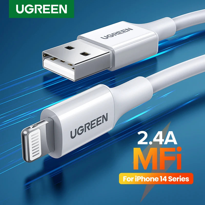 Ugreen mfi usb para cabo relâmpago para iphone 14 13 12 pro max 2.4a carregamento rápido para iphone para ipad telefone dados usb um cabo