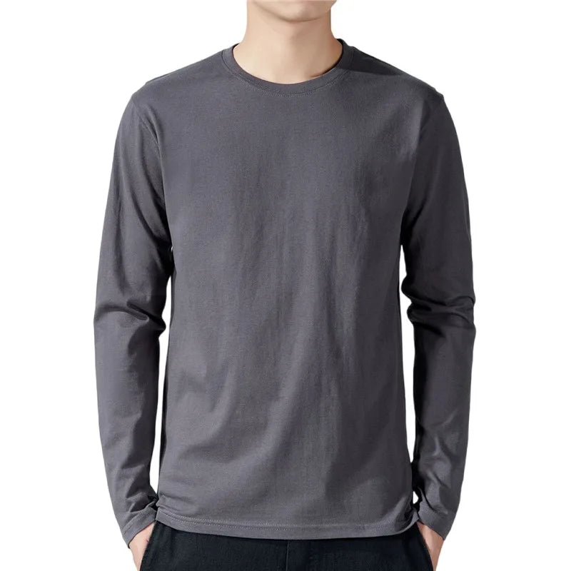 Camisetas masculinas de manga longa de algodão, roupas monocromáticas, comprimento total, primavera e outono