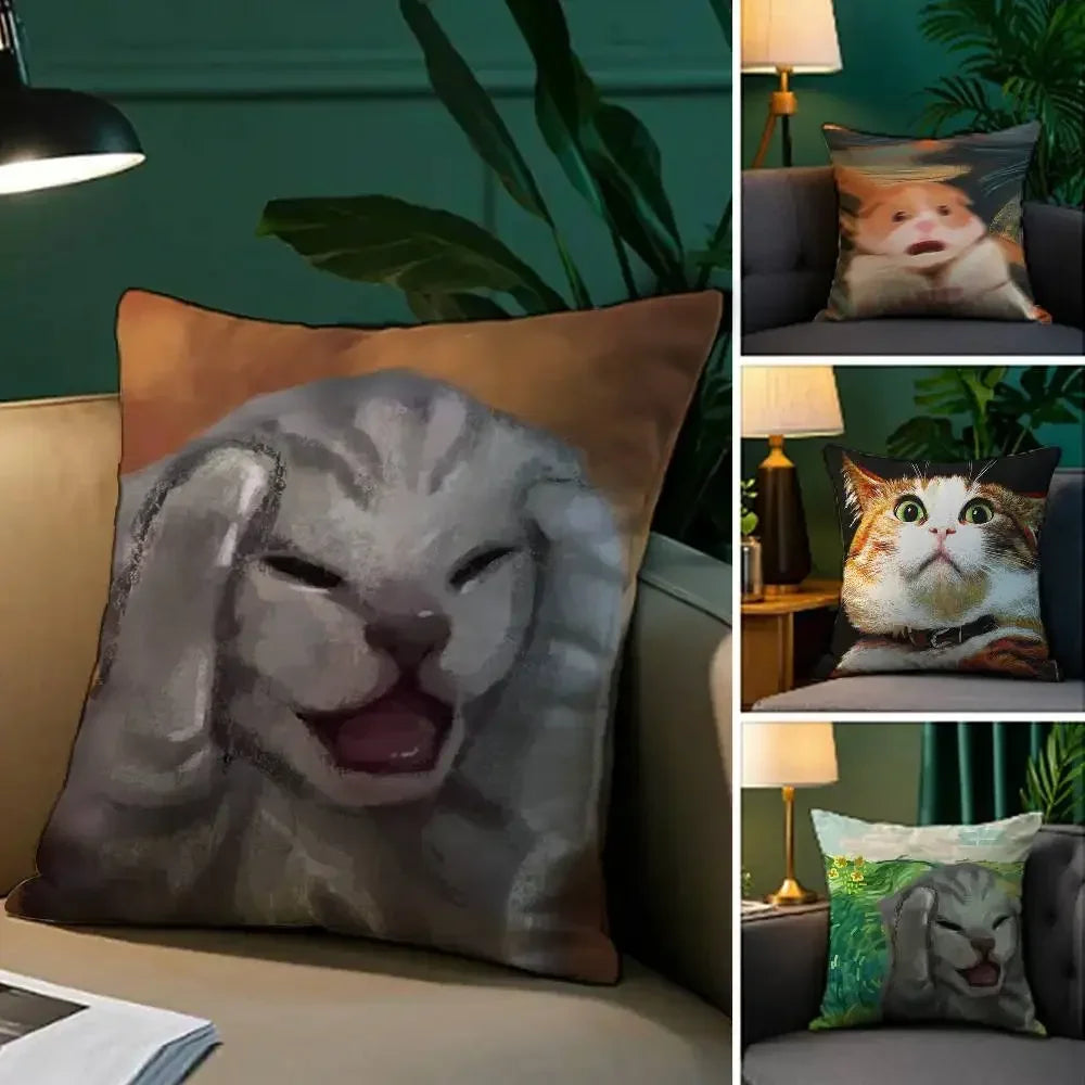 Capa de almofada com estampa dupla face de gato engraçado abstrato, pelúcia curta, adequada para salas de estar, quartos, sofás, capa de almofada decorativa.