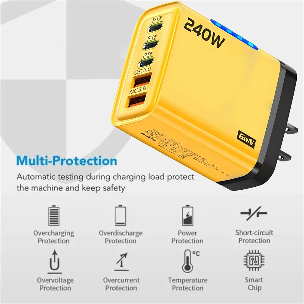 Carregador USB C GaN de 240W 5 em 1 com carregamento rápido para iPhone, Samsung, Xiaomi, Tipo C, adaptador de energia com plugue EU/US para tomada de parede.