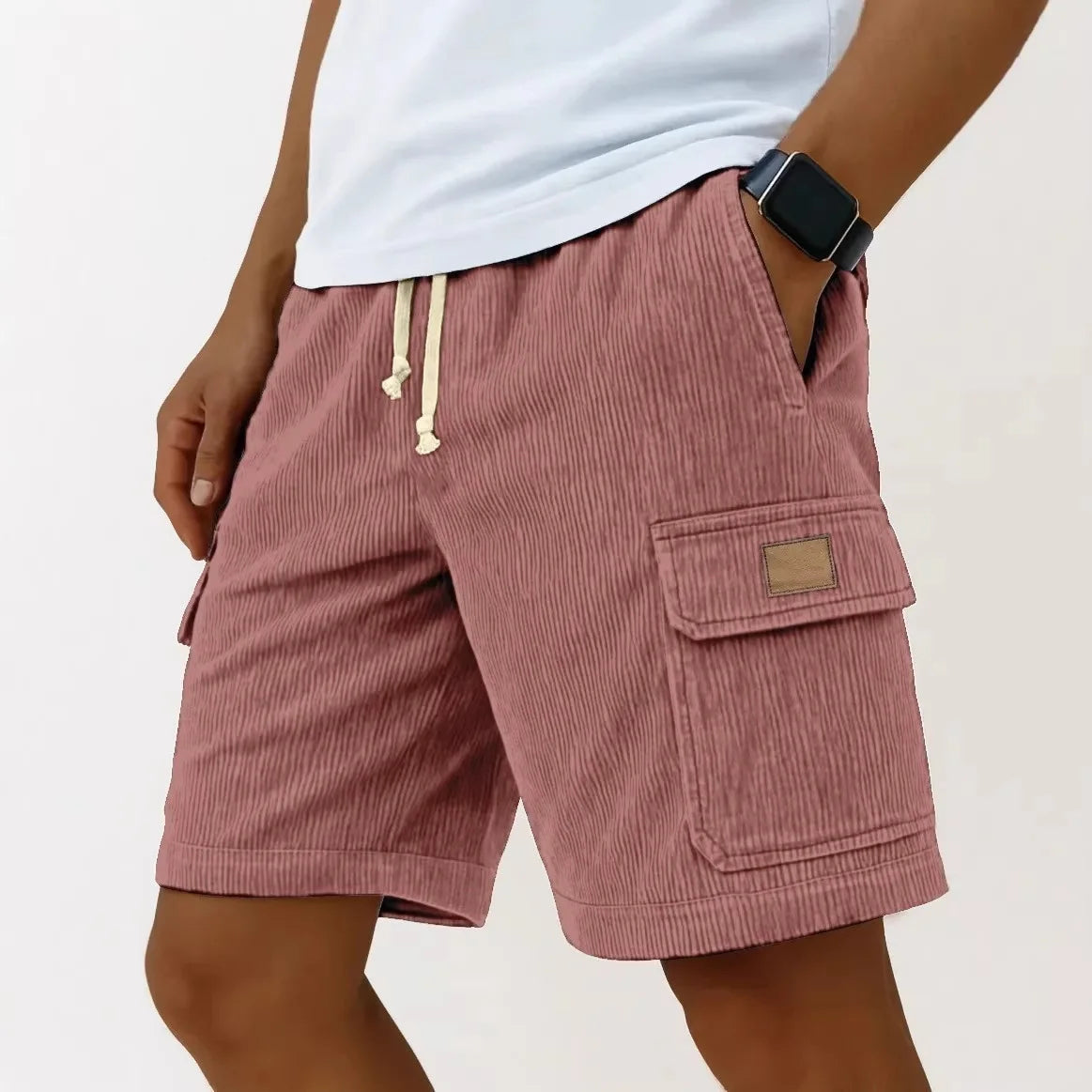 Bermudas Cargo Vintage Masculinas: Calções de Verão Modernos em Corduroy, Casuais, Cor Sólida, Esportivos e Respiráveis