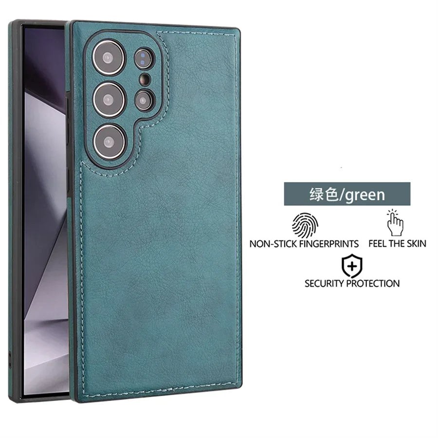 Capa de Couro PU Vintage de Luxo para Samsung S26 Ultra S25 S24 Plus S23 S22 S26Ultra, Capa Traseira Fina e Antichoque com Bumper Macio para Câmera