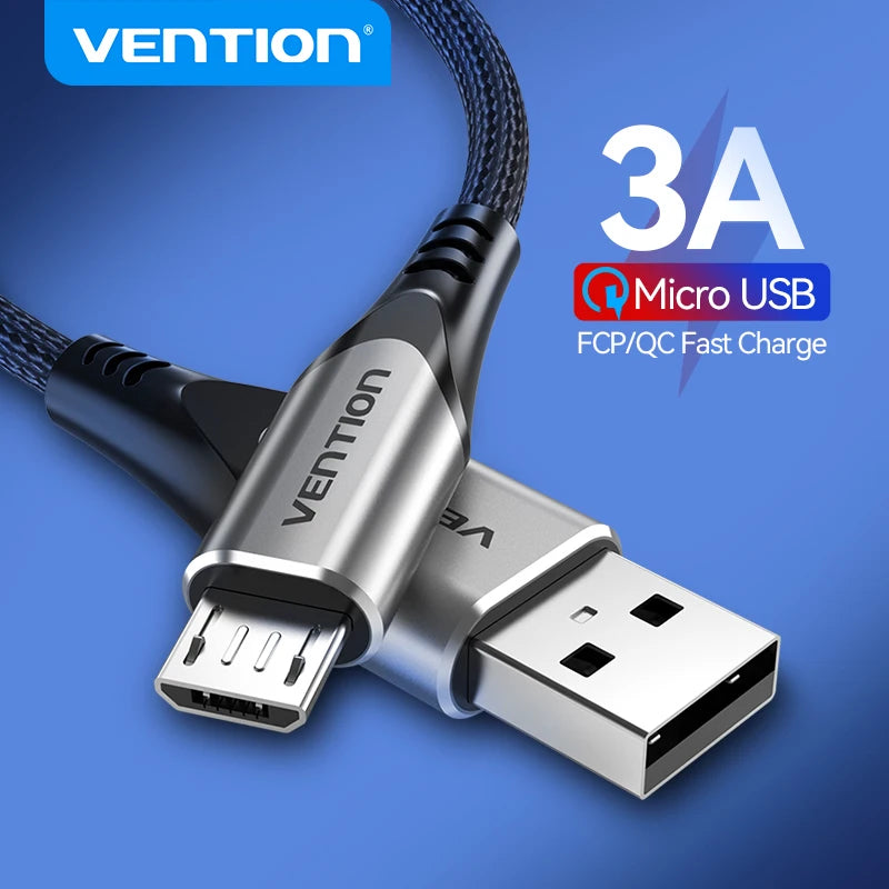 Vention-micro usb 3a cabo de nylon, carregador rápido, tipo c, download de dados, para samsung, xiaomi, lg, android