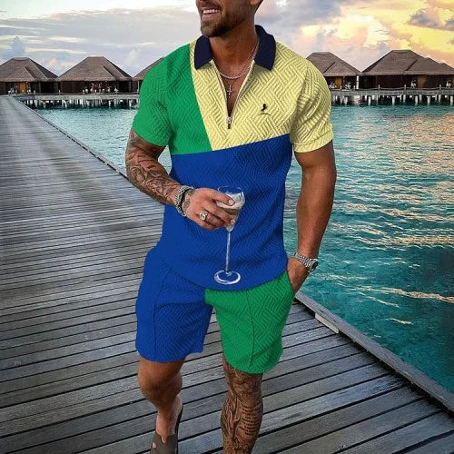 Agasalho de verão masculino terno esportivo conjunto 3d impresso casual manga curta t camisa lapela zip polo roupas masculinas jogging