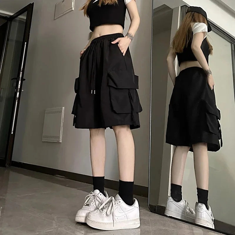 Zoki mulheres cintura alta carga shorts estilo americano streetwear verão calças de perna larga moda feminina grande bolso solto shorts novo