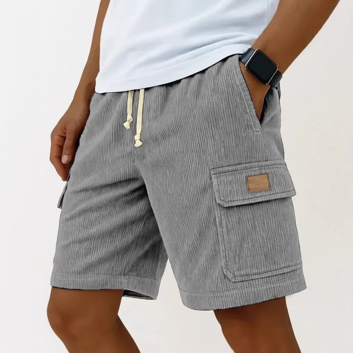 Bermudas Cargo Vintage Masculinas: Calções de Verão Modernos em Corduroy, Casuais, Cor Sólida, Esportivos e Respiráveis