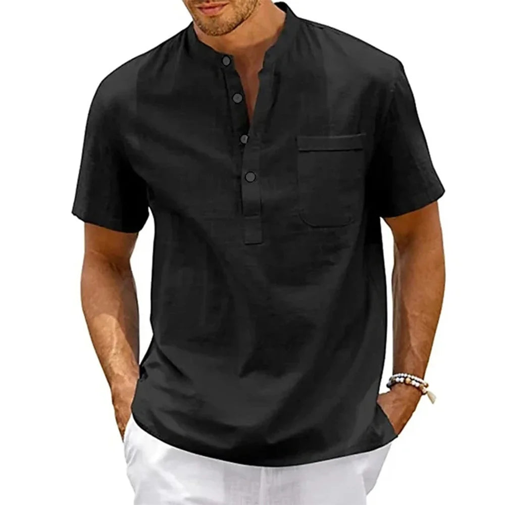 Camisa de linho de algodão masculina henley pescoço bolso casual praia manga curta cor sólida masculino topos camisetas vintage streetwear