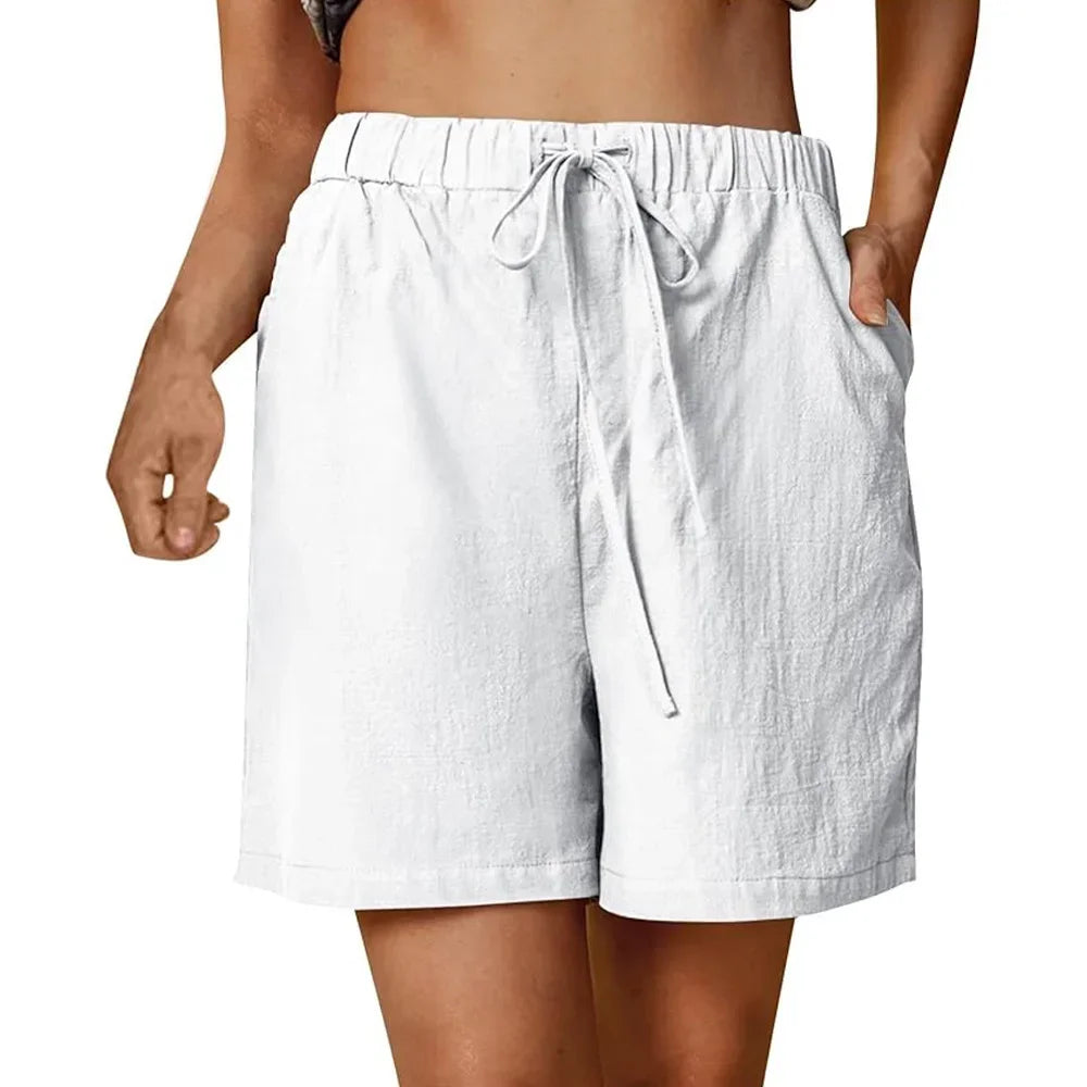Verão feminino casual shorts cordão cor sólida algodão linho calças curtas feminino solto em linha reta jogging ao ar livre streetwear
