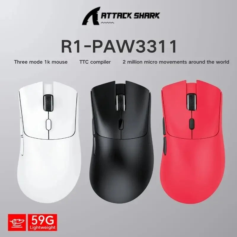 Mouse Bluetooth Attack Shark R1 e fita adesiva R1 PAW3311 1K HZ Macro Gaming Mouse para lactop/pad/pc