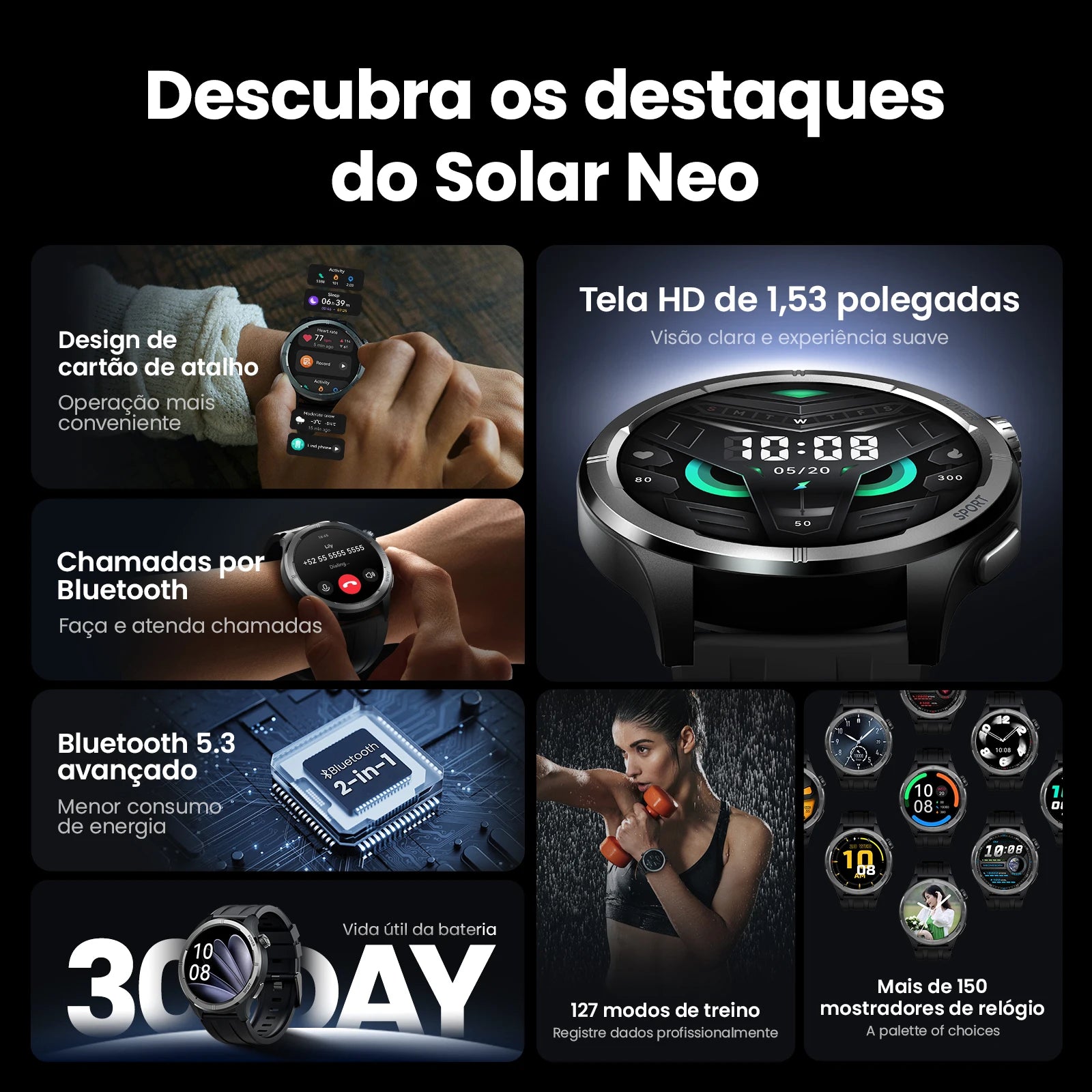 HAYLOU Solar Neo Smartwatches 1,53'' HD Display 24H Monitoramento de saúde Bluetooth Chamada Relógio inteligente Homens Mulheres Relógios esportivos inteligentes