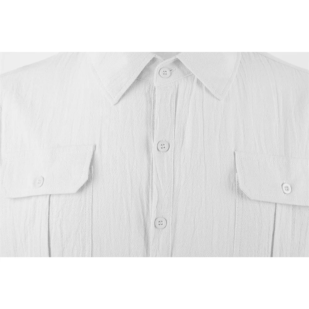 Camisa Masculina de Algodão e Linho para o Verão, Casual, Respirável, Confortável, com Botões, Design de Dois Bolsos, Cor Sólida, Leve