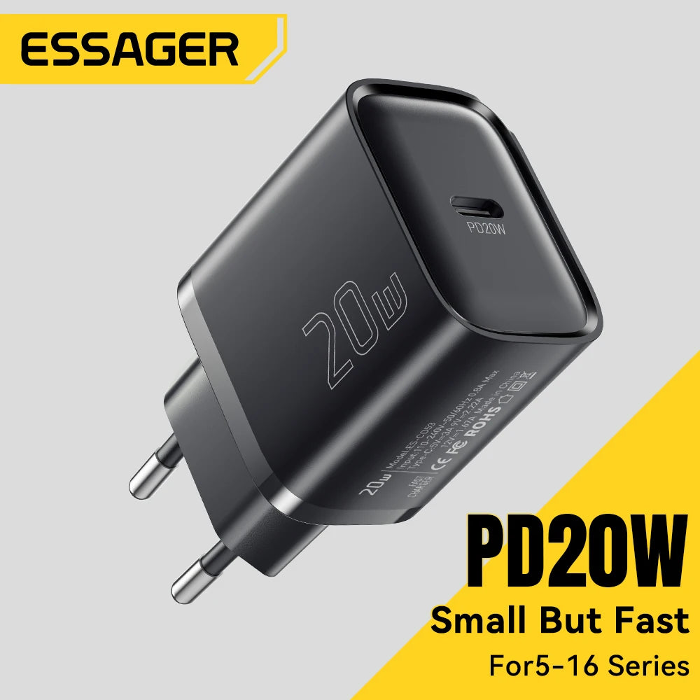Essager 20W USB Tipo C Carregador PD Carregamento Rápido para iPhone 16 15 14 Pro Carga Rápida 3.0 Carregador de Celular para Samsung