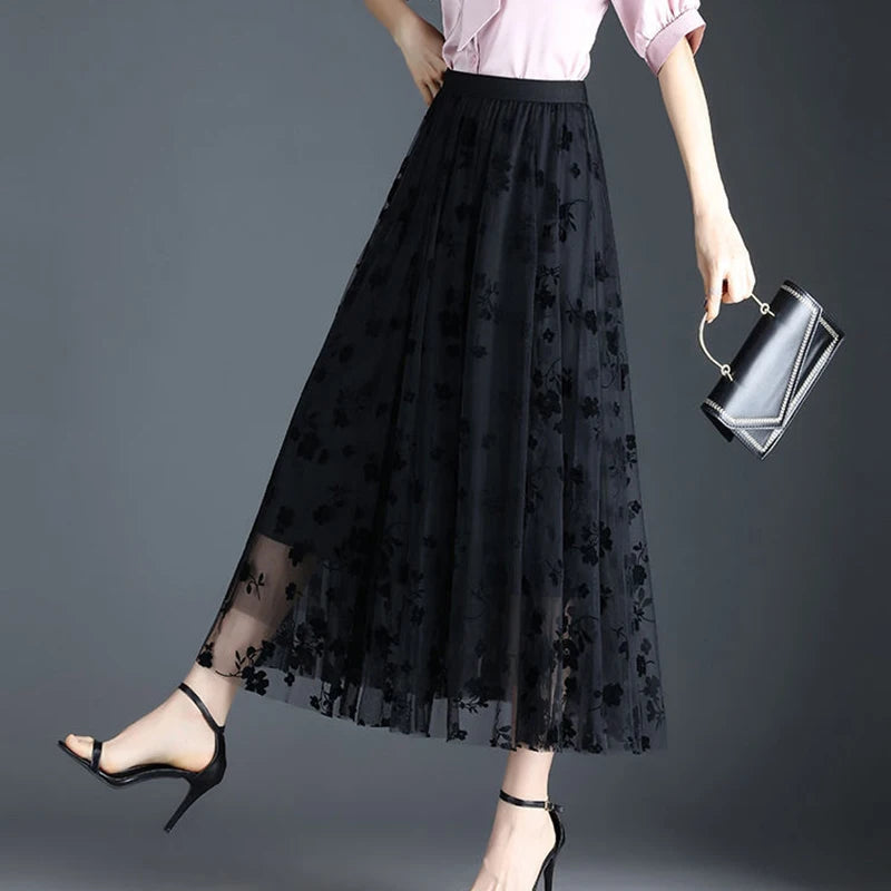 Mulheres coreanas saia de tule moda verão gancho floral solto midi saia elegante feminino casual todos os jogos saias de malha novo