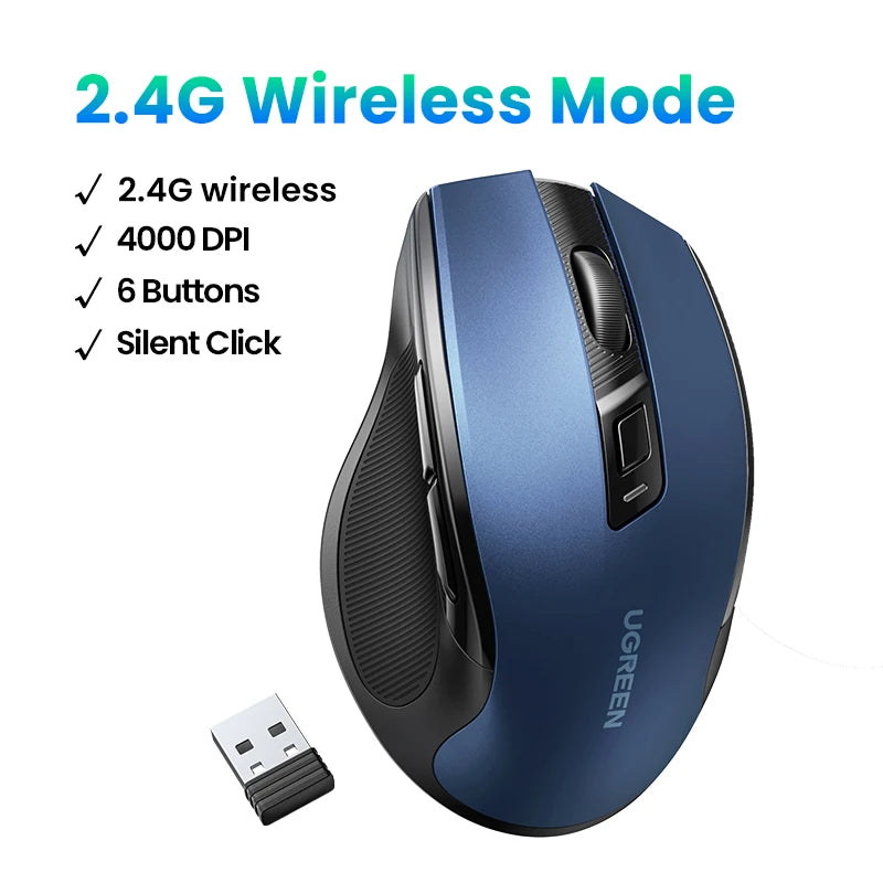 Ugreen mouse ergonômico sem fio 4000 dpi silencioso 6 botões para macbook tablet portátil mudo ratos silencioso 2.4g mouse