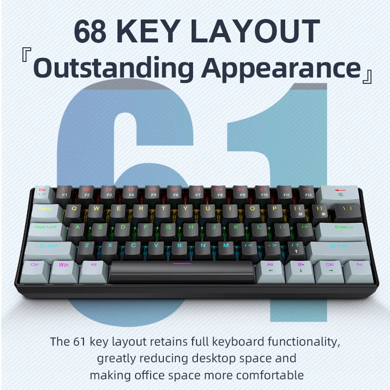 APAYADO K61 Mini teclado mecânico, com fio, 61 teclas, Phantom RGB, interruptor mecânico preto/branco vermelho/azul para jogos, 60% portátil