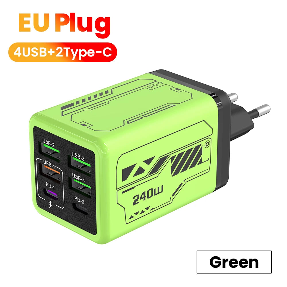 240w 6 portas 4usb + 2 tipo c carregamento super rápido carregador de telefone móvel usb3.0 pd3.0 ue/reino unido/eua carregador para iphone 17 16 samsung poco