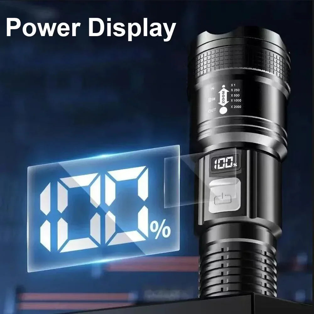 Lanternas LED de Alta Potência com Display, Tocha Tática, Luz de Display, Carregamento USB, Camping, Pesca, Defensa Zoom Lanterna, 300000LM
