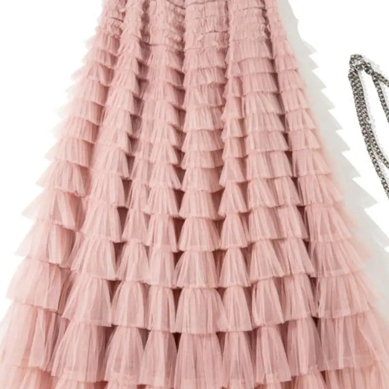 Saia de Camadas em Tule Estilo Princesa com Cintura Elástica, Vestido Longo Estilo Coreano, Saia Midi de Cintura Alta em Teci...