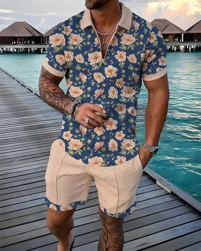 Agasalho de verão masculino terno esportivo conjunto 3d impresso casual manga curta t camisa lapela zip polo roupas masculinas jogging