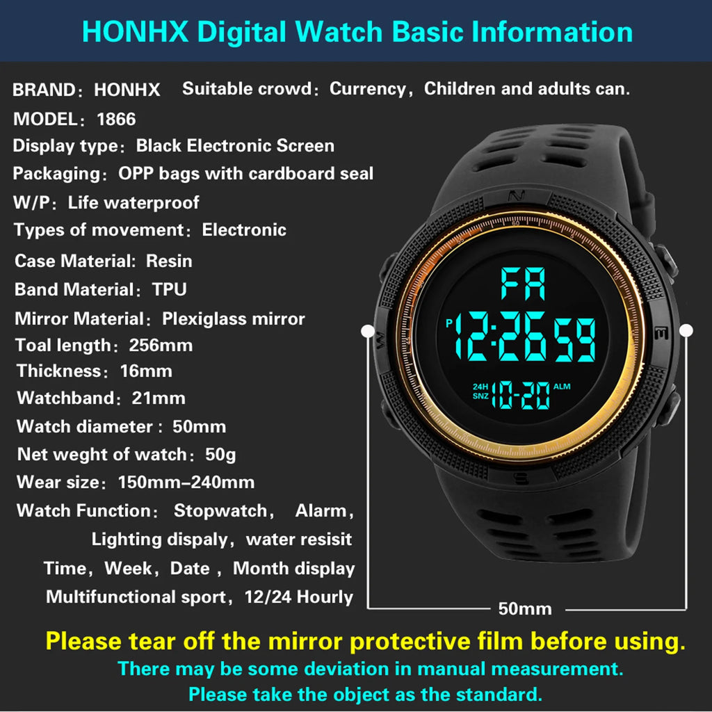 Relógio esportivo digital masculino, à prova d'água, casual, luminoso, cronômetro, alarme, relógio militar simples para corrida, escalada, pesca
