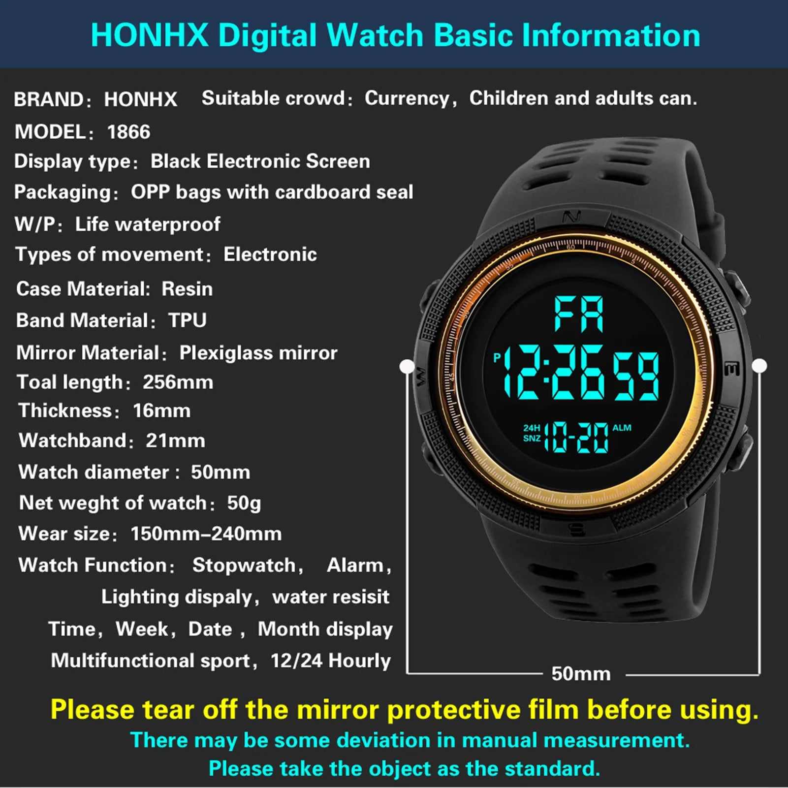 Relógio esportivo digital masculino, à prova d'água, casual, luminoso, cronômetro, alarme, relógio militar simples para corrida, escalada, pesca