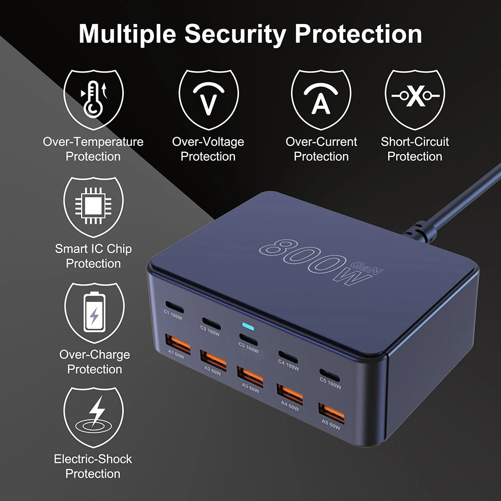 800W USB C GaN Carregador 100W PD3.0 PPS QC3.0 Estação de carregamento rápido multiporta para iPhone 15 16 Samsung Macbook Pro Laptops Tablets