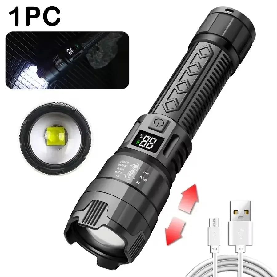 Lanternas LED de Alta Potência com Display, Tocha Tática, Luz de Display, Carregamento USB, Camping, Pesca, Defensa Zoom Lanterna, 300000LM