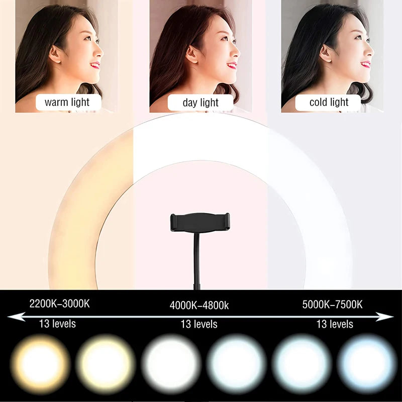 Anel de luz led para selfie, 10 polegadas, com suporte para telefone, regulável, 16-33cm, lâmpada de preenchimento, fotografia, anel de luz para vídeo vlog, lâmpada de preenchimento ao vivo