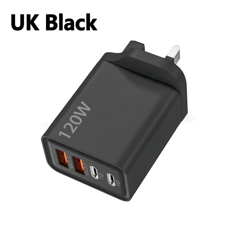 Carregador de 4 portas 120W com Quick Charge 3.0, USB C PD Tipo C, carregador de celular com carregamento rápido para iPhone, Samsung, Xiaomi, Huawei