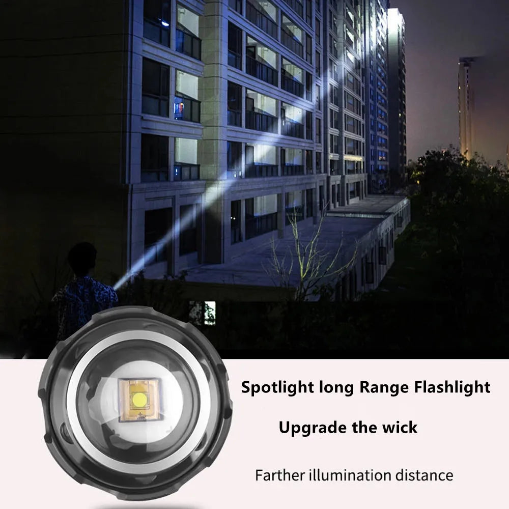Lanterna LED de luz forte de alta potência com zoom USB recarregável com tocha externa de liga de alumínio ultrabrilhante de longo alcance